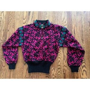 Vintage OSSI Skiwear Sweater Womens M Wool Knit Pullover 90s Y2K 1/4 Zip Pink